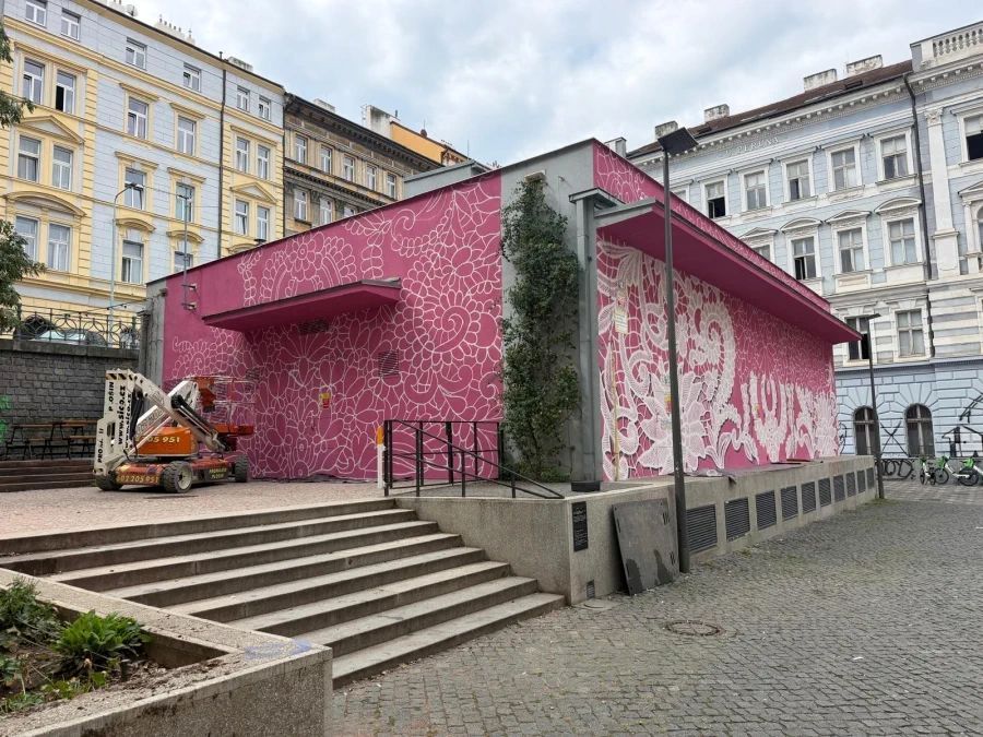 Růžový mural na Žižkově odkazuje na českou krajku a vzbuzuje emoce. Dílo vzniká na Kostnickém náměstí