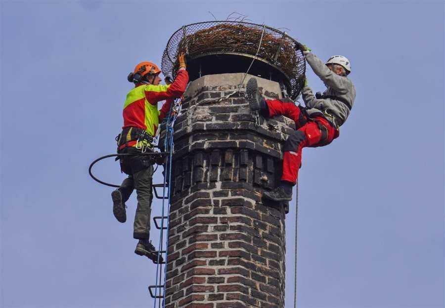 Na komín mladoboleslavského pivovaru přibylo čapí hnízdo vyrobené školáky