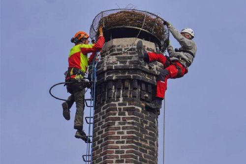 obrázek:Na komín mladoboleslavského pivovaru přibylo čapí hnízdo vyrobené školáky